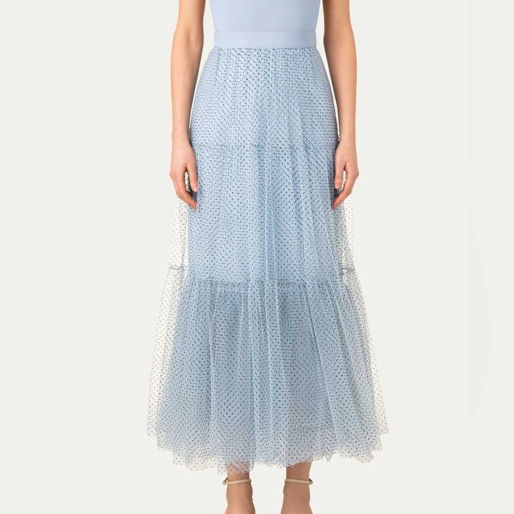 14. Akris Punto Layered Pin-Dot Tulle Tiered Maxi Skirt